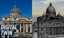 A split screen shows a photograph of St Peter's Basilica in Vatican city (left), juxtaposed with a B&W 3D render (right). Caption reads: "Digital twin"
