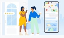 An animated image of two women talking next to a smartphone screen showing the new Google Maps AI feature