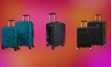 five pieces of luggage on a pink and orange background
