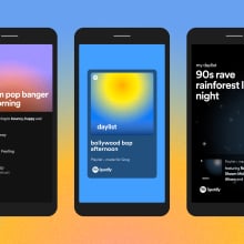 Three phone screens displaying different daylists on Spotify.