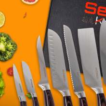 Seido Knives on orange backdrop with vegetables