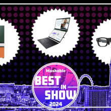 Tech including glasses and a foldable laptop are highlighted above a pink and purple circle that reads "Mashable Best in Show 2024."
