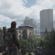The girl wearing a brown coat and grey backpack overlooks a city skyline that is disheveled and covered in greenery
