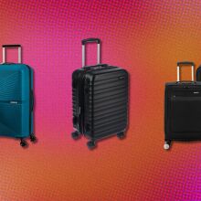 five pieces of luggage on a pink and orange background