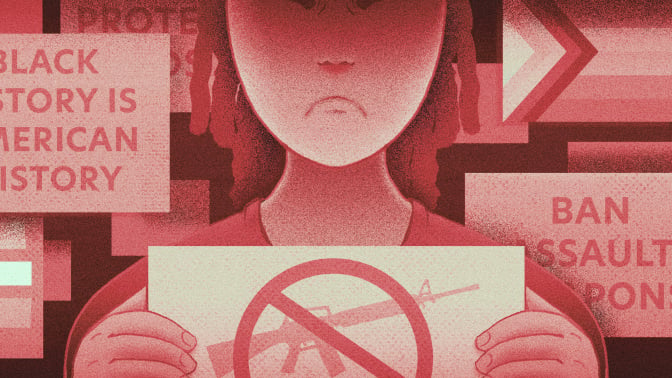 An illustration of a frowning person holding an anti-gun violence protest sign. Behind them are numerous other signs symbolizing other social justice causes. 