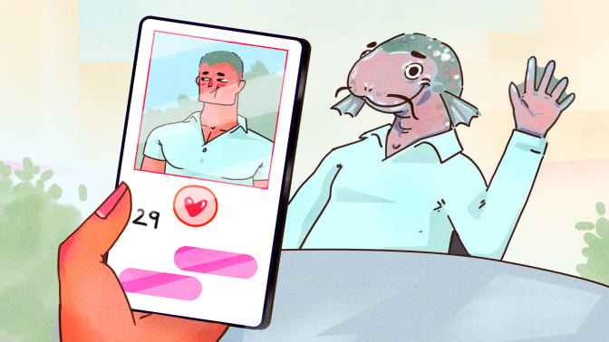 An illustration showing a woman holding a phone that's displaying an online dating profile. The man in the photo is a bulky, square jawed white man. However, the man is revealed to be a catfish in a blue shirt