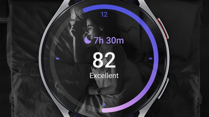 A Galaxy Watch sleep tracking screen overlaid on top of a sleeping woman.