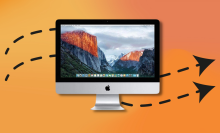 refurbished imac desktop computer with orange gradient background with black arrows