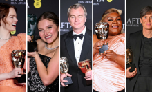 A composite image of Emma Stone, Mia McKenna-Bruce, Christopher Nolan, Da'Vine Joy Randolph, and Cillian Murphy at the 2024 BAFTAs. Each holds a BAFTA trophy, with Nolan holding two.