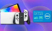Nintendo Switch OLED and Dell eGift Card on blue and purple abstract background