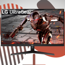 lg ultragear qhd monitor with orange and white background