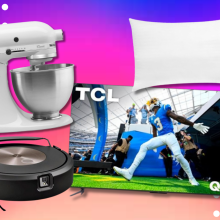 Stand mixer, pillow, robot vacuum, and QLED TV on colorful background with polka dot accents
