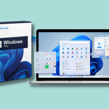 Windows 11 Pro software and laptop running Windows 11 Pro with teal background