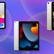 Three iPad models on purple abstract background