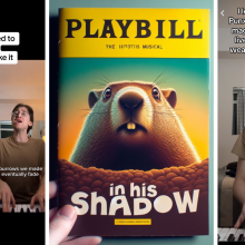 Screenhots of three Tiktoks: One of the original creator (white male) singing the song in a brown shirt at an electric keyboard. Another of him and a duet partner (Black female) singing. In the middle is a mock up of the musical's Playbill, titled "In his Shadow"