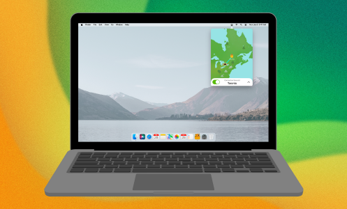 a mockup of the tunnelbear app on a cartoon macbook against a yellow and green abstract background