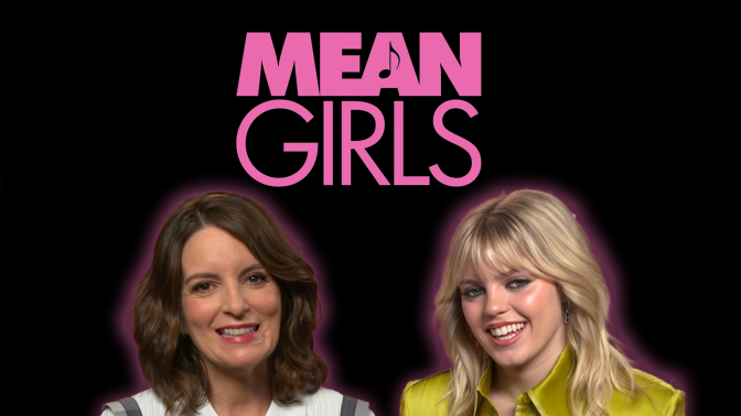 Tina Fey and Reneé Rapp smile at the camera against a black backdrop with the pink 'Mean Girls' logo