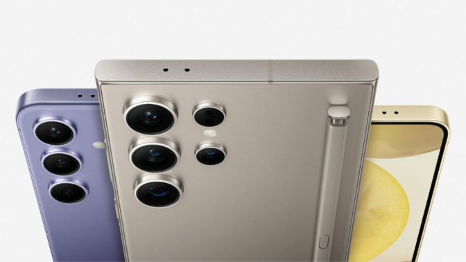 top-down, close-up views of the new samsung galaxy s24+, s24 ultra, and s24 against a light gray background